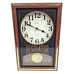 VTG Verichron Regulator Quartz Wall Clock Wood Grain Gold Trim USA Rectangular